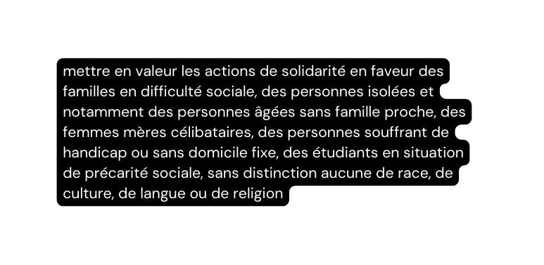 mettre en valeur les actions de solidarité en faveur des familles en difficulté sociale des personnes isolées et notamment des personnes âgées sans famille proche des femmes mères célibataires des personnes souffrant de handicap ou sans domicile fixe des étudiants en situation de précarité sociale sans distinction aucune de race de culture de langue ou de religion